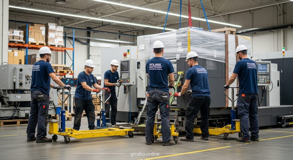 Professional equipment movers transporting heavy machinery safely using cranes and specialized rigging services